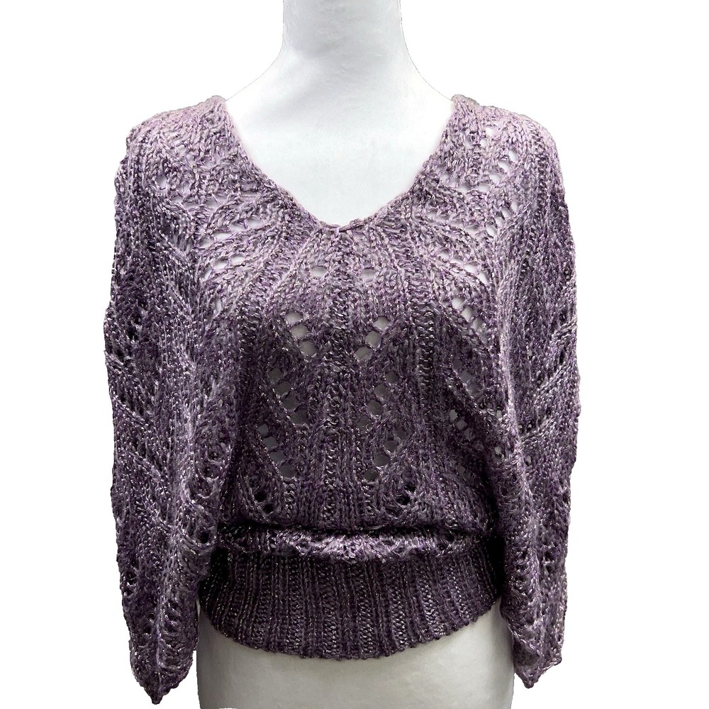 BCBGirls Dolman Batwing Sweater Women Small V-Neck Open Knit Metallic Purple NWT